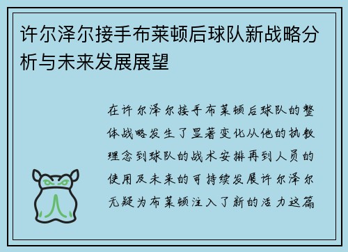 许尔泽尔接手布莱顿后球队新战略分析与未来发展展望